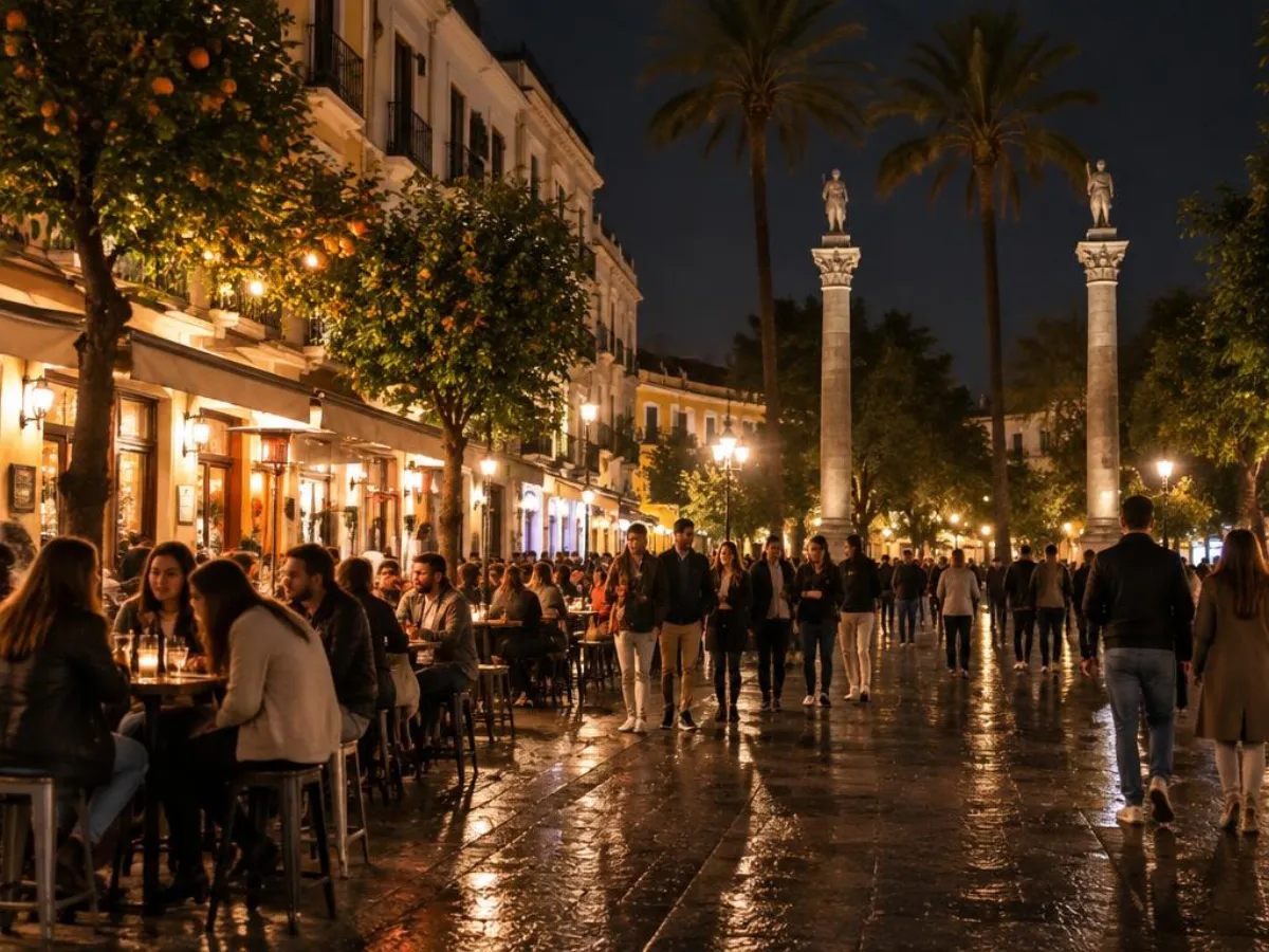 Alameda de Hércules in Seville at night with café terraces and people