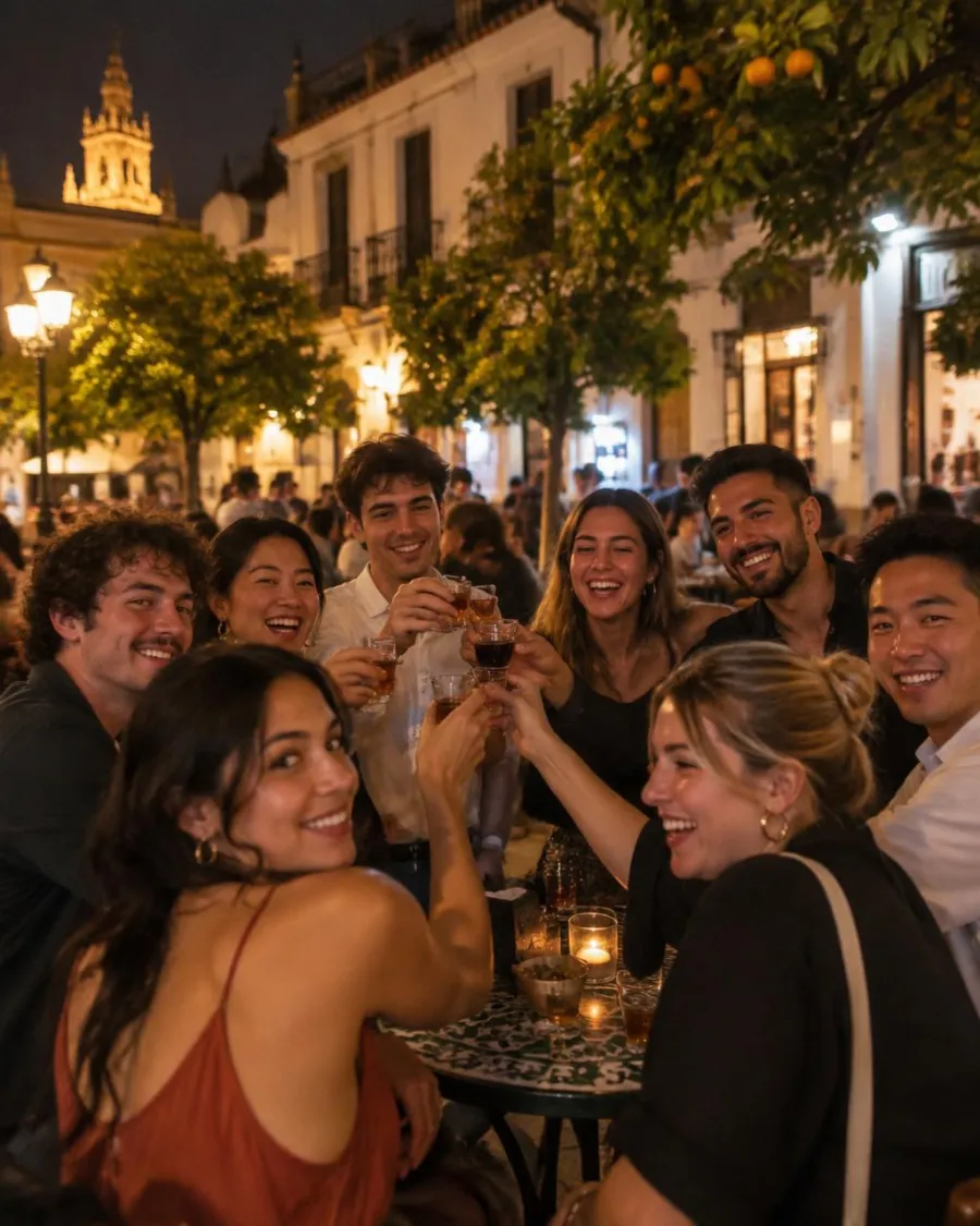 A group of international friends toasting on a terrace in Seville at night